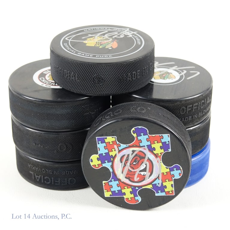 8 Pucks Signed By Former Chicago Blackhawks: Eight assorted pucks signed by former Chicago Blackhawks. Players included are Andrew Shaw *** Richard Panik *** Dylan Stromme *** Bryan Bickell *** IceHogs Robertson *** Erik Gustafsson ***