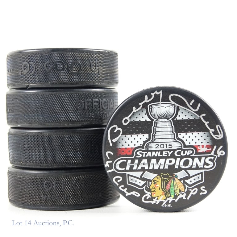 4 Signed Pucks Foley Mulvey B Hull Pappin: Nice collection of four hockey pucks signed by former Chicago Blackhawks players. You will find pucks signed by Grant Mulvey inscribed "02/03/1982 5 Goals" *** Bobby Hull inscribed "61 Cup