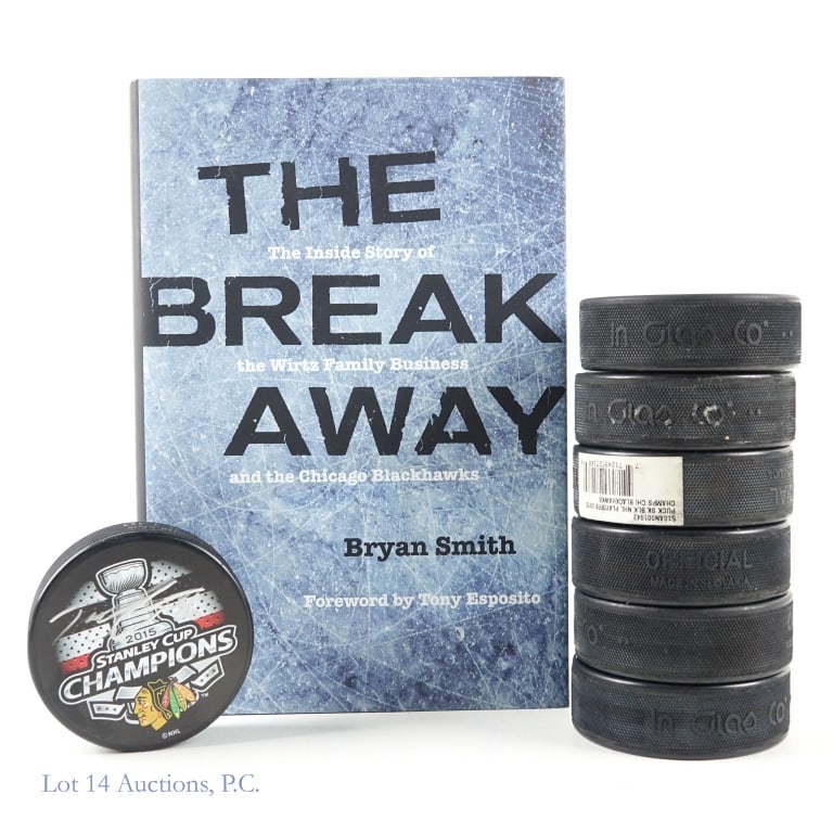 7 Signed Blackhawks Pucks + Signed Break Away Book: Collection of assorted hockey pucks all bearing the 2015 Stanley Cup Champions logo that have been signed by former Blackhawk players. This group includes single signed pucks from Troy Murray *** Eddi