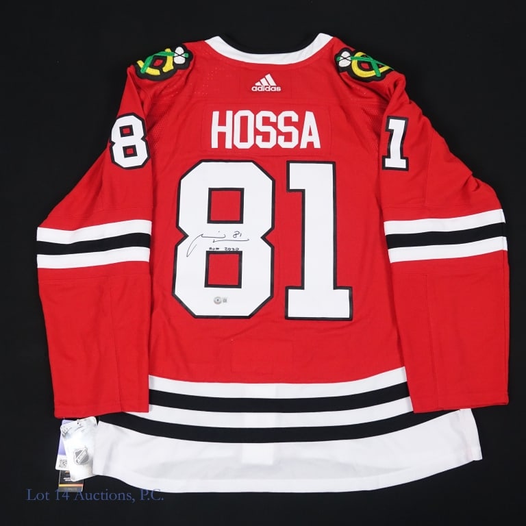 Blackhawks Marian Hossa "HOF 2020" Signed Jersey: Adidas size 54 jersey signed by NHL HOF member Marian Hossa. Hossa signed the back of the jersey with a black Sharpie and added the inscription "HOF 2020". The signature has a COA from Beckett (cert n