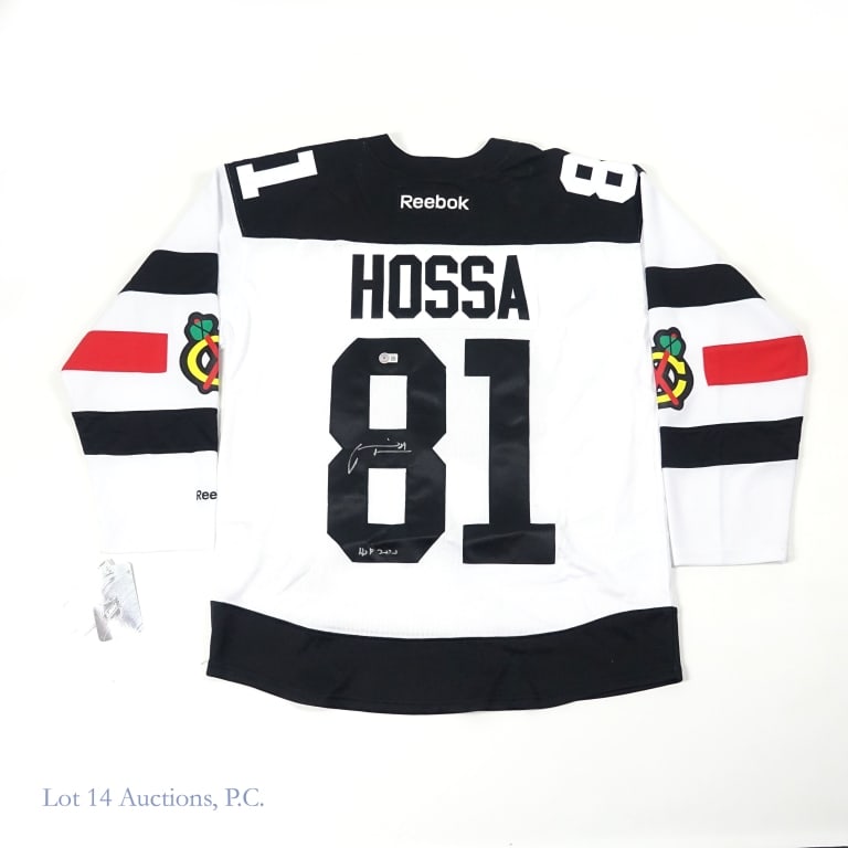 Blackhawks Marian Hossa "HOF 2020" Signed Jersey: Chicago Blackhawks size Large Reebok jersey signed across the numeral "8" with a silver Sharpie type pen. Hossa also added the inscription "HOF 2020" to his signature. The signature has a COA