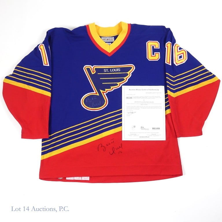 1990's Blues Brett Hull Signed Jersey (COA): St. Louis Blues CCM size 52 jersey signed twice on the front by Brett Hull. The first signature was made with a silver Sharpie type pen and is very hard to see. The second signature was penned