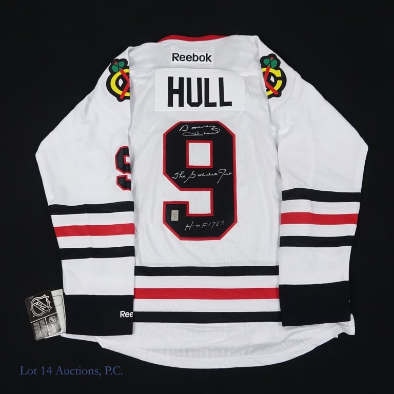 Bobby Hull "HOF 83" Signed Jersey Hull Hologram: Size Large Reebok jersey signed on the back by Bobby Hull. Hull carefully signed with a silver Sharpie type pen and added the inscriptions "The Golden Jet" and "HOF 83". This signature has a