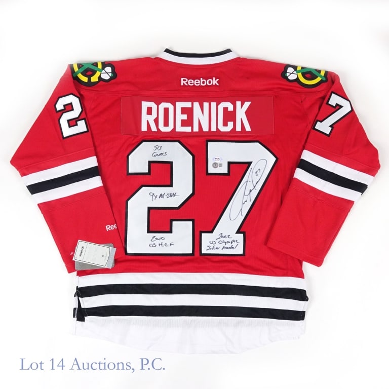Jeremy Roenick Heavily Inscribed Jersey W/COA: Reebok size M jersey signed by Jeremy Roenick. Roenick signed across his number on the back of the jersey and also added the following inscriptions "513 Goals", "9 X All-Star", "2010 US HOF", and "200