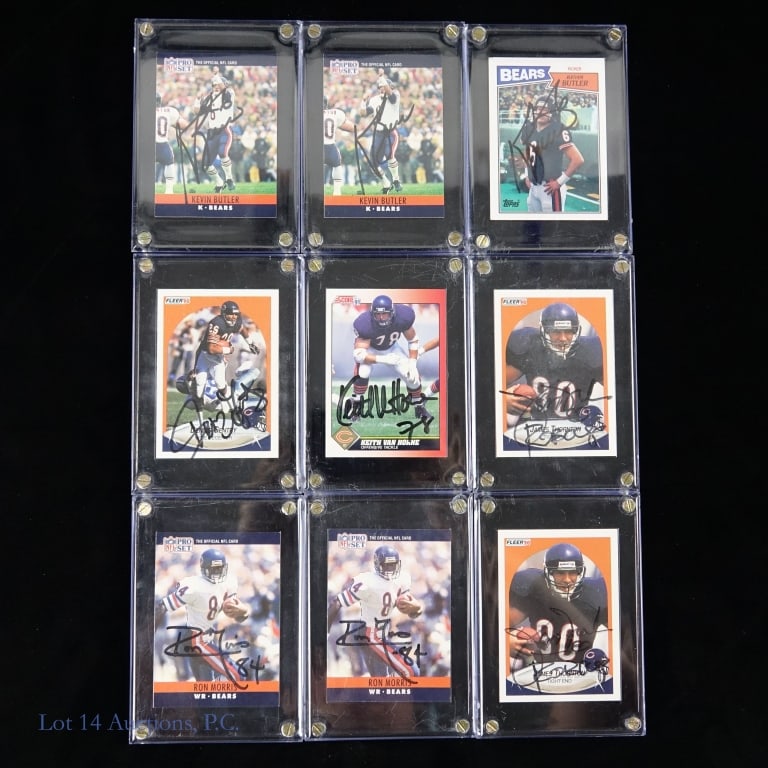 Chicago Bears Signed Football Cards (9): Nine cards signed by former Chicago Bears players. All nine cards are held in screw down lucite holders. Players in this group of signed cards include James Thornton (2) *** Ron Morris (2) *** Kevin B