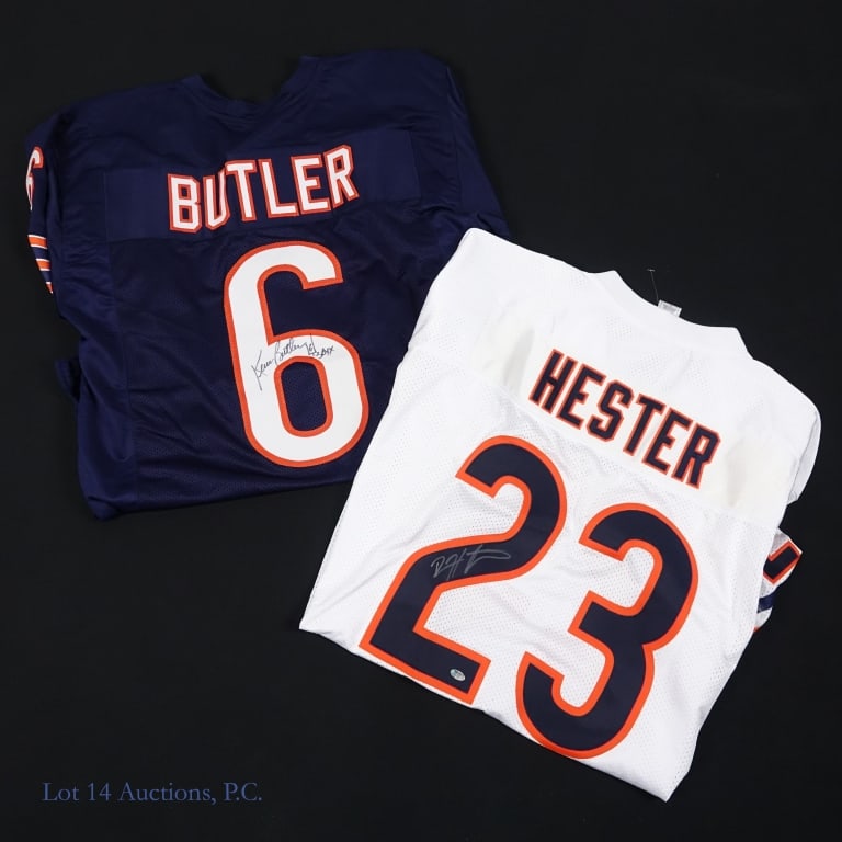 Bears Devin Hester & Kevin Butler Auto's Jerseys: Two jerseys signed by former Chicago Bears players. The key jersey is a size 54 Reebok NFL Authentic Equipment jersey signed on the back by Hester with a silver Sharpie type pen. The jersey is
