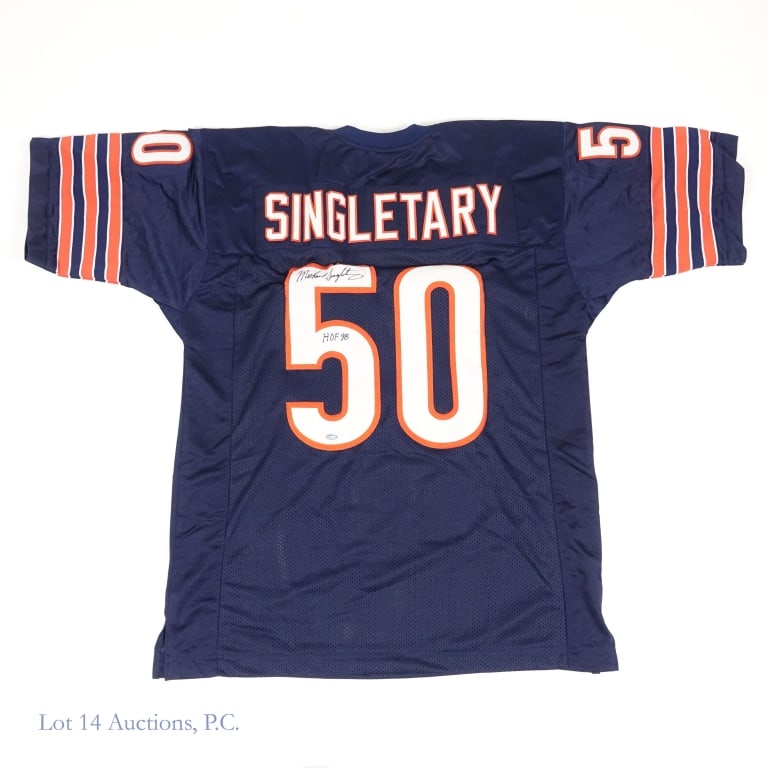 Bears Mike Singletary Signed Jersey W/COA: Size XL custom jersey signed by Mike Singletary. Singletary signed across the numeral 5 on the back side of the jersey and added the inscription "HOF 98". This signature has a hologram from
