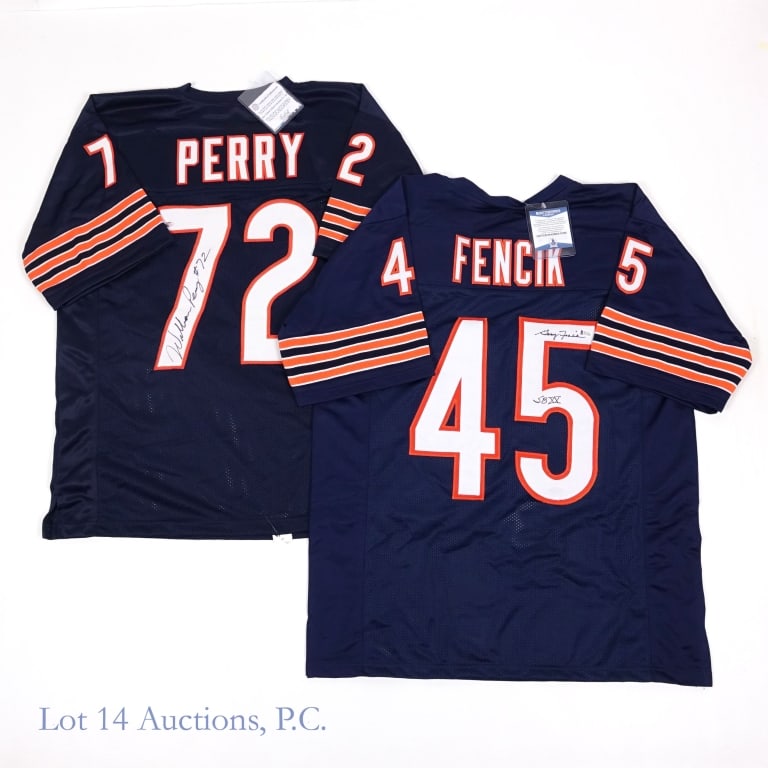 William Perry & Gary Fencik Sig Jerseys (COA): Size XL custom jersey signed by Gary Fencik. Fencik signed on the back side of the jersey and added the inscription (SB XX). This signature has a Beckett Witnessed COA (cert number P57286 which