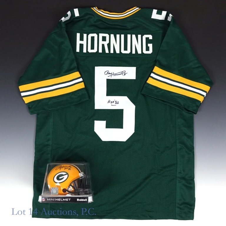 Paul Hornung Signed Jersey & Mini Helmet: Riddell mini helmet and a custom jersey signed by "The Golden Boy", Paul Hornung. Hornung signed a Riddell mini helmet with a black Sharpie and added the inscription "HOF 86". This mini helmet