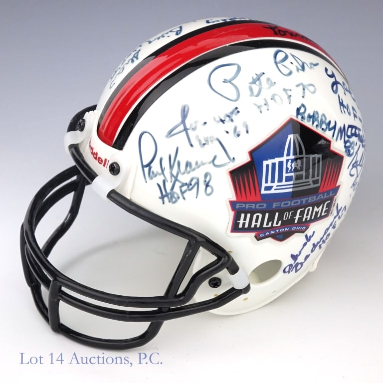 Pro Football HOF 14 Signatures Mini Helmet: Pro Football Hall Of Fame mini helmet signed by 14 inductees - Tommy McDonald, Paul Krause, Joe Terry, Pete Pihos, Yale Lary, Bobby Bell, Chuck Bednarik, Bobby Mitchell, Jim Parker, Bob St. Clair, Cha