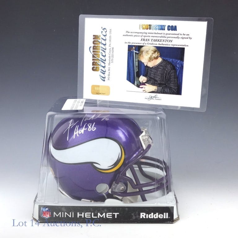 Fran Tarkenton Signed Vikings Mini Helmet COA: Fran Tarkenton signed Minnesota Vikings mini helmet. Gridiron Authentics COA with photograph.
