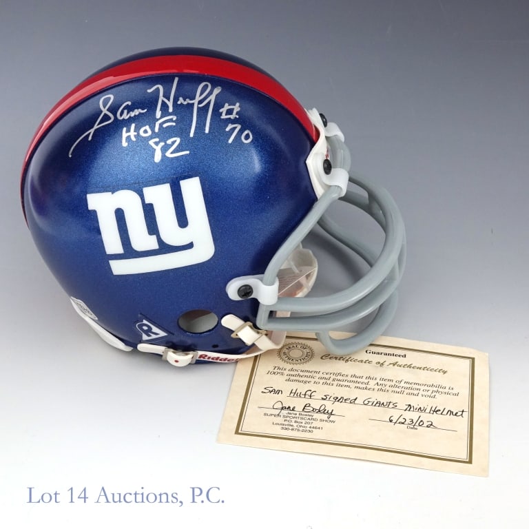 Sam Huff Signed Giants Mini Helmet COA: Sam Huff signed New York Giants mini helmet. Super Sportscard Show COA.