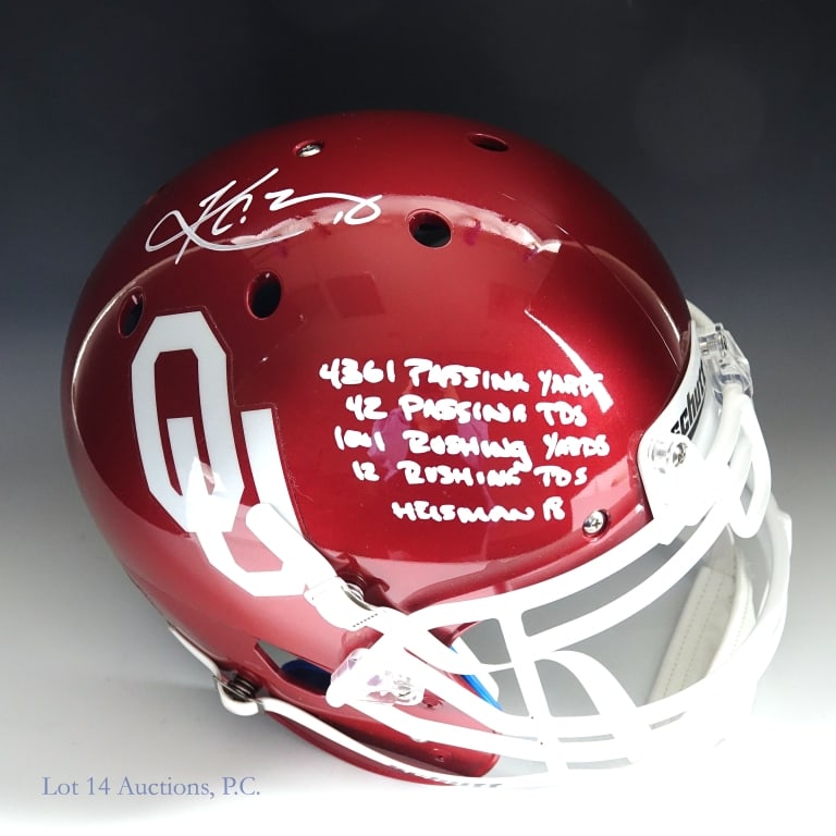 Kyler Murray Signed OU Authentic Helmet Beckett: Kyler Murray signed Oklahoma Sooners authentic Schutt helmet. Beckett witnessed on 11/26/19 in Scottsdale, AZ. Inscription reads "4361 Passing Yards, 42 Passing TDS, 1001 Rushing Yards, 12
