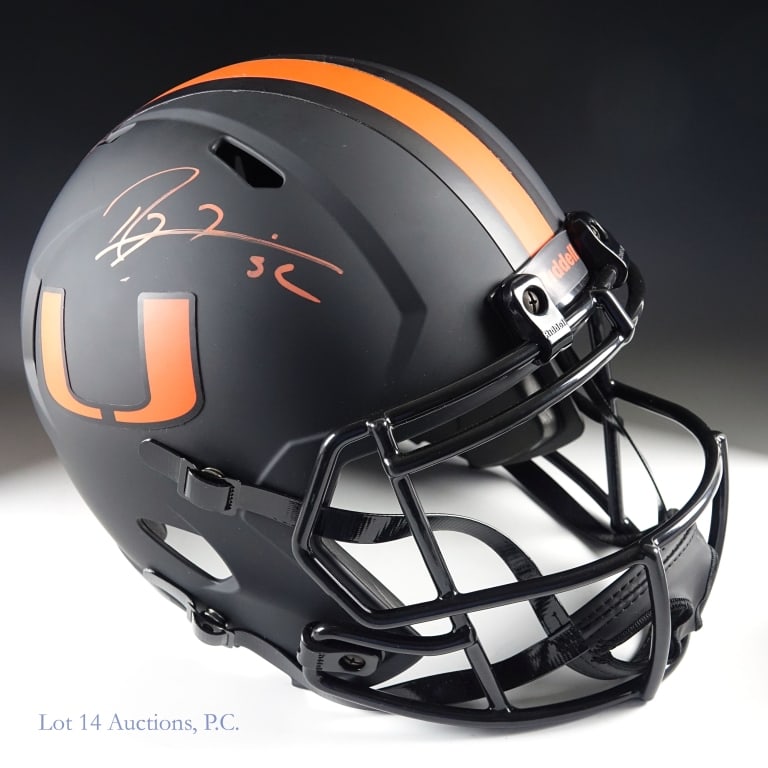 Ray Lewis Signed Hurricanes FS Helmet Beckett: Ray Lewis signed Miami Hurricanes Riddell full size replica helmet. Beckett witnessed on 9/10/20 in Fort Lauderdale, FL. Beckett COA #WD22195.