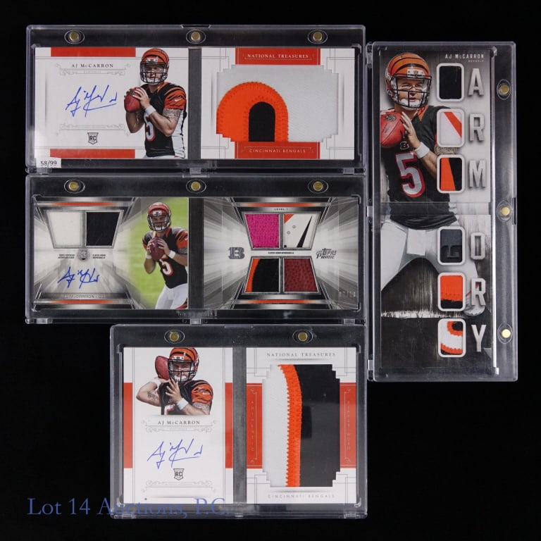 A J McCarron Rookie Patch Booklets, Most Auto (4): Four (4) A J McCarron numbered rookie patch booklets, three (3) of them auto.