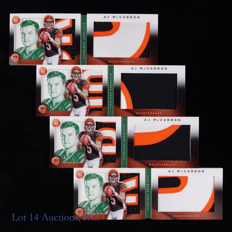 2014 AJ McCarron Rookie Panini Patch Booklets (4): Four (4) A J McCarron Panini Playbook rookie patch booklets. Numbers 1,2,3, and 5 out of 5.