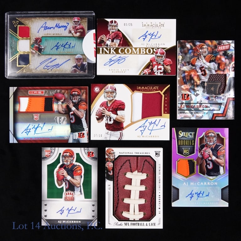 A J McCarron Relic And / Or Auto Cards (8): Eight (8) A J McCarron cards, six (6) of them relic, six (6) auto, two (2) combo. All cards are low numbered. See photos for details and selection.