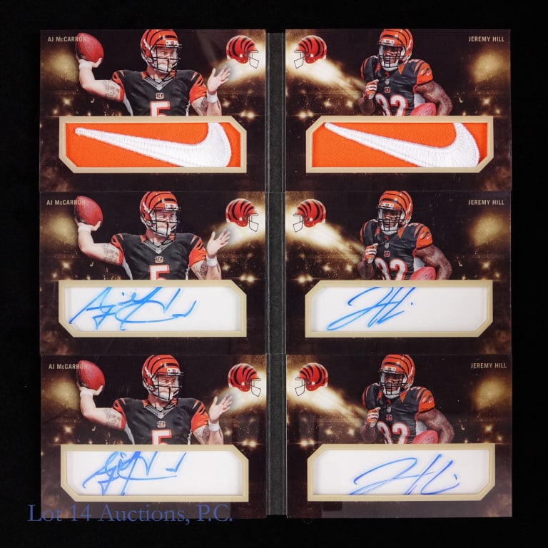 AJ McCarron & Jeremy Hill Auto & Jersey Booklets: A J McCarron and Jeremy Hill booklets - two (2) auto (4/10 and 9/10), and one (1) jersey (1/2).