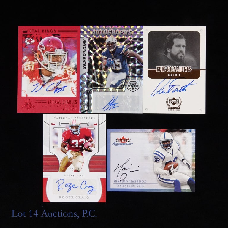 Football Auto Cards, Most HOF (5): Five (5) football auto cards, four (4) of them Hall Of Fame inductees - Marvin Harrison, Roger Craig #11/49, Antonio Gates, and Dan Fouts.