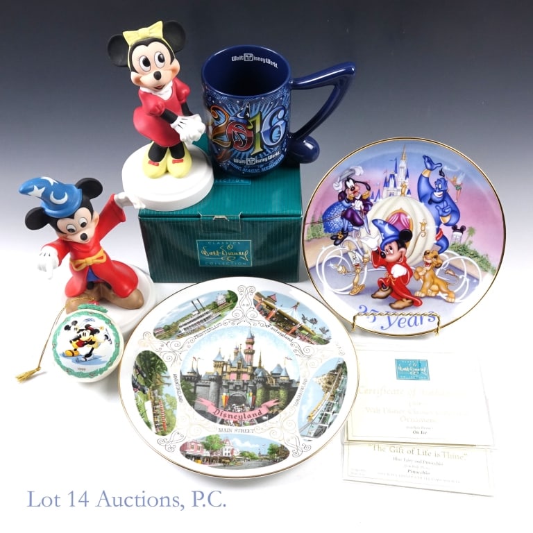 Disney Figurines, Plates, Cup, Ornament (6): Mickey Mouse as The Sorcerer's Apprentice from Fantasia figurine *** Minnie Mouse figurine *** Disneyland 9.5" decorative plate *** 1996 25 Years of Disney World 8.25" decorative plate *** 2016 Disney