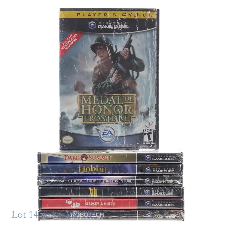 Nintendo GameCube Games In Sealed* Cases (7): Seven (7) Nintendo GameCube games in original - Medal Of Honor Frontline, Dark Summit, The Hobbit, Universal Studios Theme Park Adventures, XIII, Starsky & Hutch, and Robotech Battlecry. * All 7 games