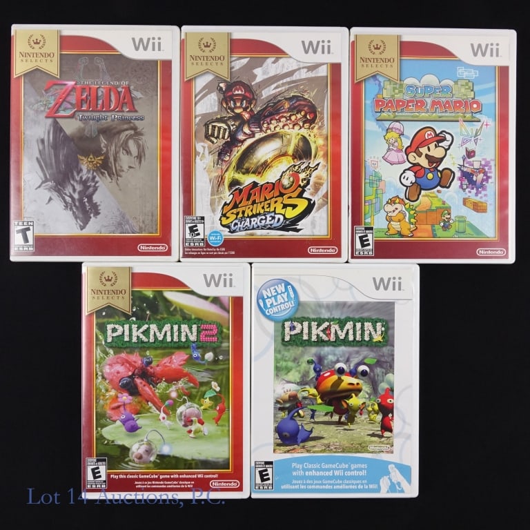 Nintendo Wii Games, Pikmin, Mario & Zelda CIB (5): Five (5) Nintendo Wii games, in original cases with booklets - Pikmin, Pikmin 2, Super Paper Mario, Mario Strikers Charged, and The Legend Of Zelda Twilight Princess,