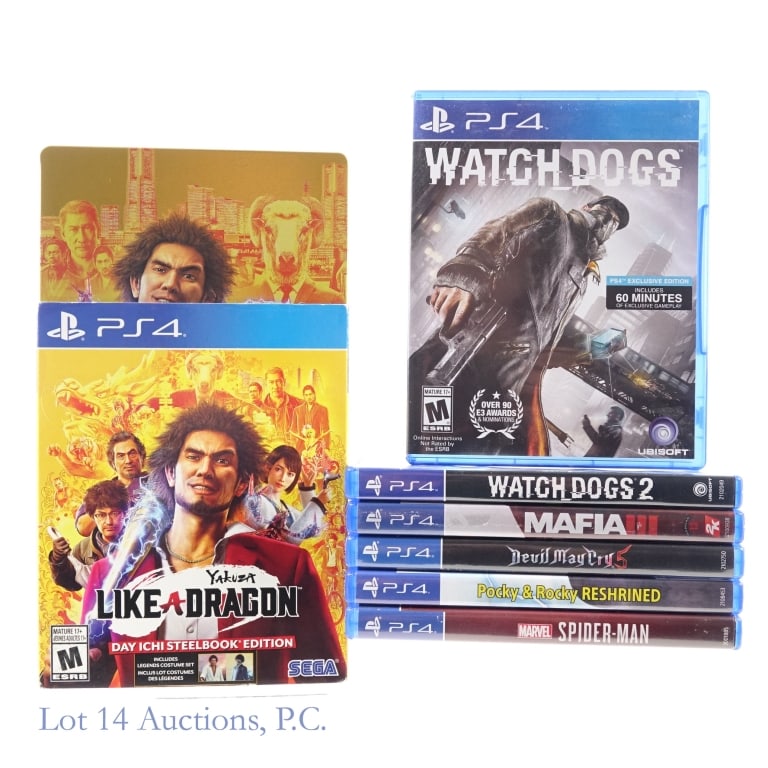 PlayStation 4 PS4 Games In Original Cases (7): Seven (7) Sony PlayStation 4 PS4 games in original cases - Mafia III, Devil May Cry 5, Pocky & Rocky Reshrined, Spider - Man, Watch Dogs, Watch Dogs 2, and Yakuza Like A Dragon Day Ichi
