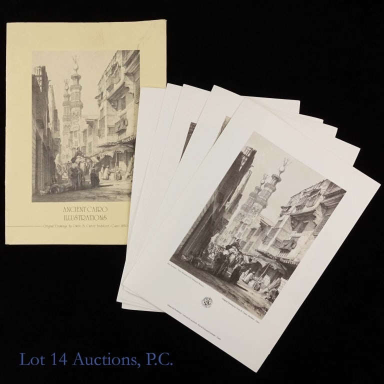 Ancient Cairo Illustrations Prints - Owen B Carter: Folder of six lithographic prints of drawings by architect Owen B Carter done in Cairo in 1830. Folder has some damage and stains but prints look to be in very good conditions. Each print is