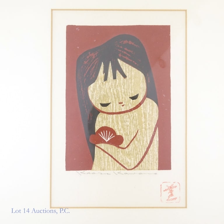 Kaoru Kawano Young Girl With Fan Woodcut Print: LOCAL PICKUP OR THIRD PARTY SHIPPING ONLY. Woodcut print by Japanese artist Kaoru Kawano (1926-1989) titled "Young Girl With Fan". Appears to be in very good condition, but has not been examined outsi