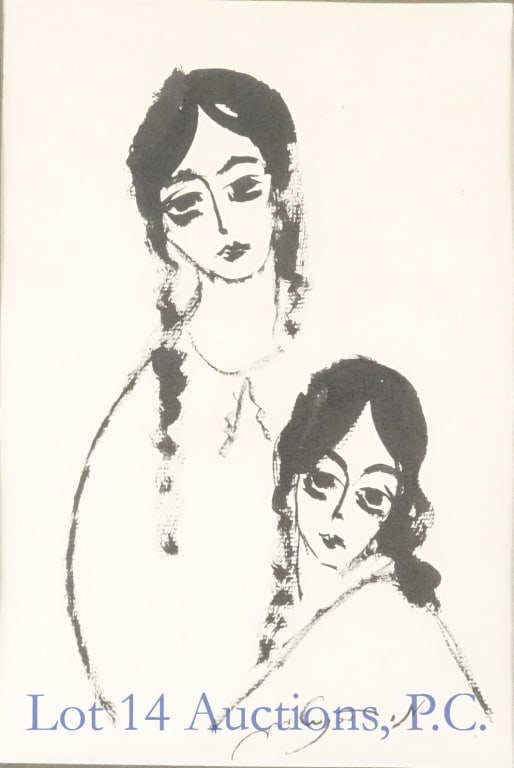 Style of Nadya Rusheva Two Girls Sketch Print: Minimalist print of an ink sketch of two girls. Signature is present but unreadable, but the image heavily resembles the style of Russian artist Nadya Rusheva. Piece appears to be in good