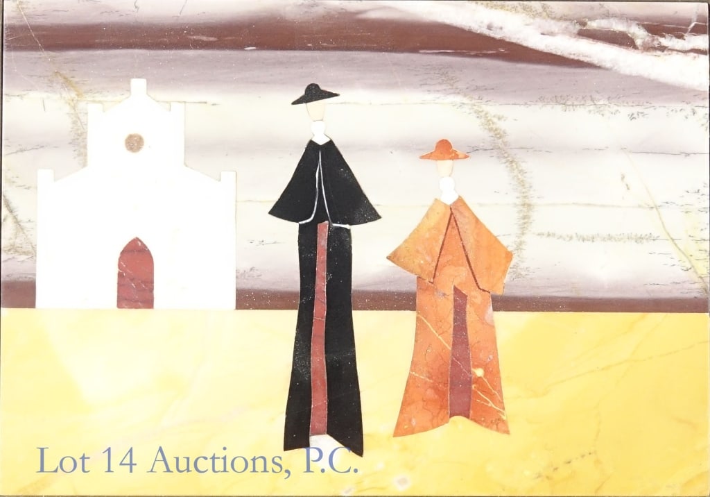 G Ugolini Pietra Dura Mosaic: Pietra Dura Mosaic depicting two priests standing in front of a church. Sticker on the back marks it as made by G Ugolini in Firenze. Piece has not been examined out of frame but appears to be in