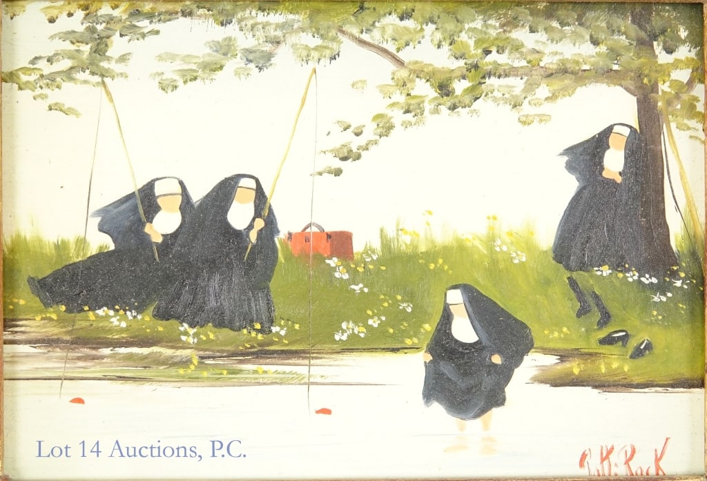 Patti Rock Nun Painting: Small painting (oil on board) depicting four nuns by a body of water, two fishing, one wading into the water, and one sitting by a tree. Signed Patti Rock in the lower right corner. Painting in