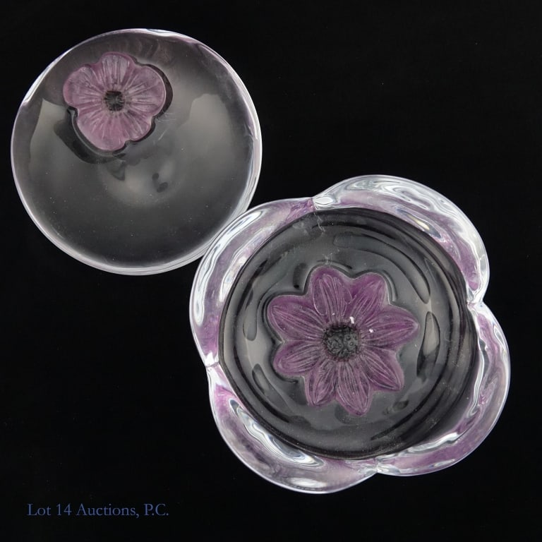 Daum France "Coppelia" Crystal Bowl and Tray: Two pieces of crystal glassware from Daum's "Coppelia" series, likely from the 1980s. The first is a bowl with a flower in the center and the second is a shallow tray with a flower to one side.