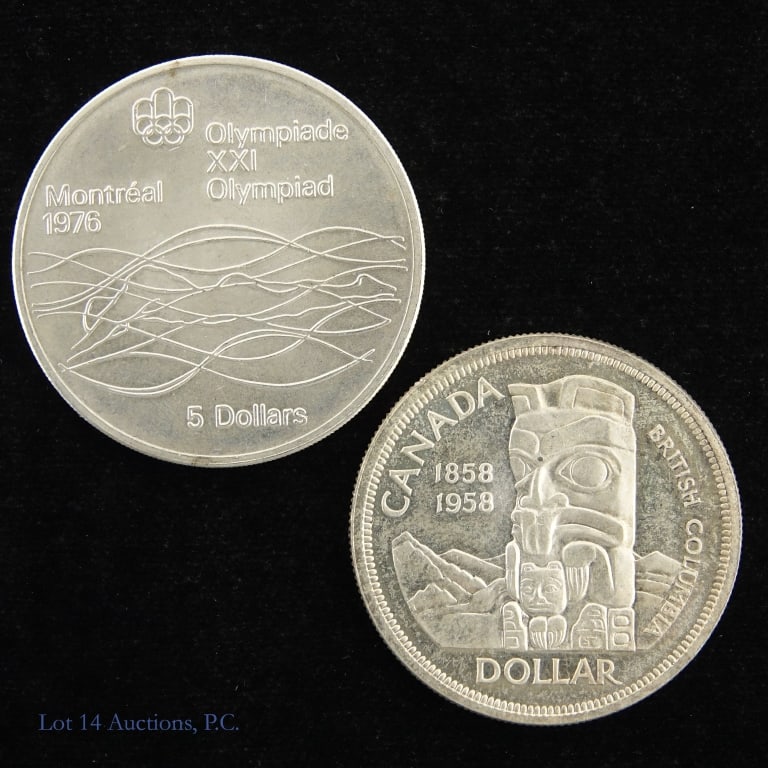 1958 & 1975 Canada Com. Silver Dollars (CH BU*) 2: Two (2) Canada silver commemorative coins (Royal Canadian Mint) with estimated actual silver weight of 1.3227 troy ounces and *consigner comments as follows. ---1958 British Columbia 100th anniversary