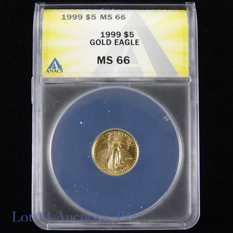 1999 (P) US $5 Gold Eagle Bullion (ANACS MS66): 1999 (P) United States 91.67% $5 gold eagle 1/10 oz. Designer (obverse) Augustus Saint-Gaudens and (reverse) Miley Busiek and Jennie Norris. ANACS MS 66. Metal is 91.67% gold and weighs 3.393