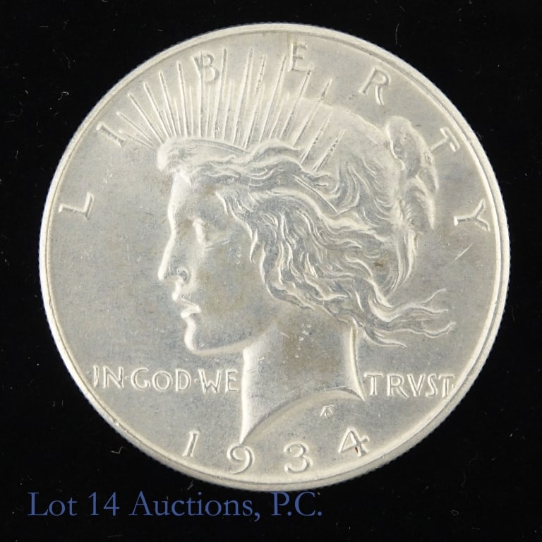 1934 (P) US Silver Peace Dollar (BU*): 1934 (P) United States silver peace dollar (Philadelphia Mint). * Per consigner, very clean check and natural luster in BU condition. Metal is 90% silver and weighs 26.73 grams. Mintage is