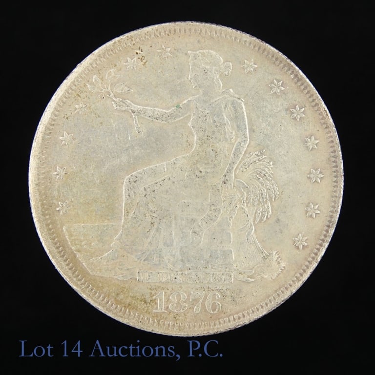 1876-S US 90%-Silver Trade Dollar (SE R-4.3): 1876-S United States silver trade dollar (San Francisco Mint) with no chop marks. Designer is William Barber. Struck for circulation in Asia to compete with dollar-sized coins of other countries. Per