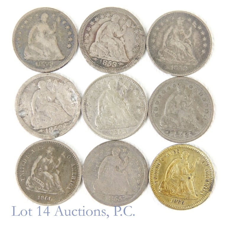 1853-1861 US Silver Liberty Seated Half 10c, 9: Nine (9) United States silver liberty seated half dimes (Philadelphia Mint) as follows: ---1853 H10c with arrows (3); ---1855 H10c slanting 5s; ---1857 H10c; ---1858 H10c (2); ---1860 H10c with