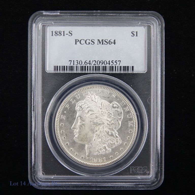 1881-S US Silver Morgan Dollar (PCGS MS64): 1881-S United States silver Morgan dollar (San Francisco Mint). PCGS graded MS64. metal 90%-silver and weighs 26.73 grams. NOTE: PCGS price guide at MS64 is between $125 to $150. *** Lot 14