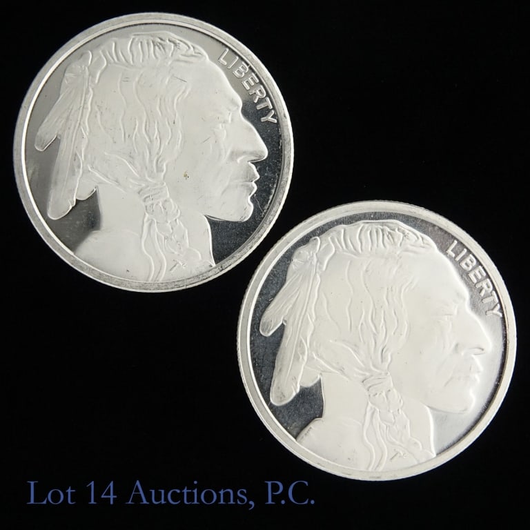 US 99.9% Silver 1 Ozt. Indian Head Rounds (2): Two (2) United States Indian head / buffalo silver rounds. Metal is 99.3% silver and weights 1.0 ozt. each. Silver content confirmed on Lot 14 Auctions electronic metal verifier and weighs 26.25 grams