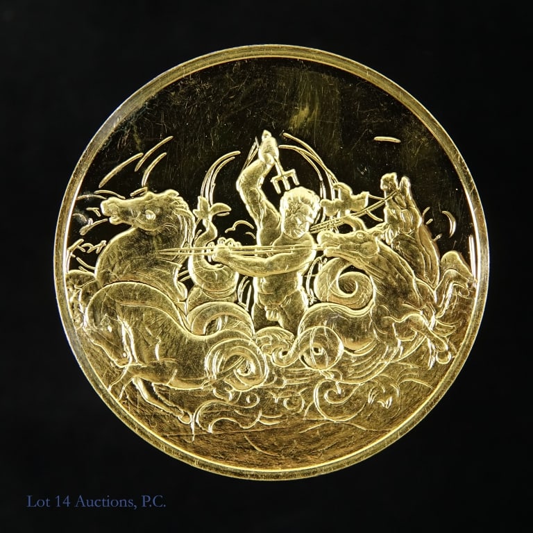 24KT Gold EP-92% Silver DaVinci Medal (ASW 2 Ozt,): 1976 United States 24KT gold plated sterling silver proof "genius of Da Vinci" medals (Franklin Mint) Neptune with four sea horses (circa 1504) medal with s/n 2731. Edge individually marked and