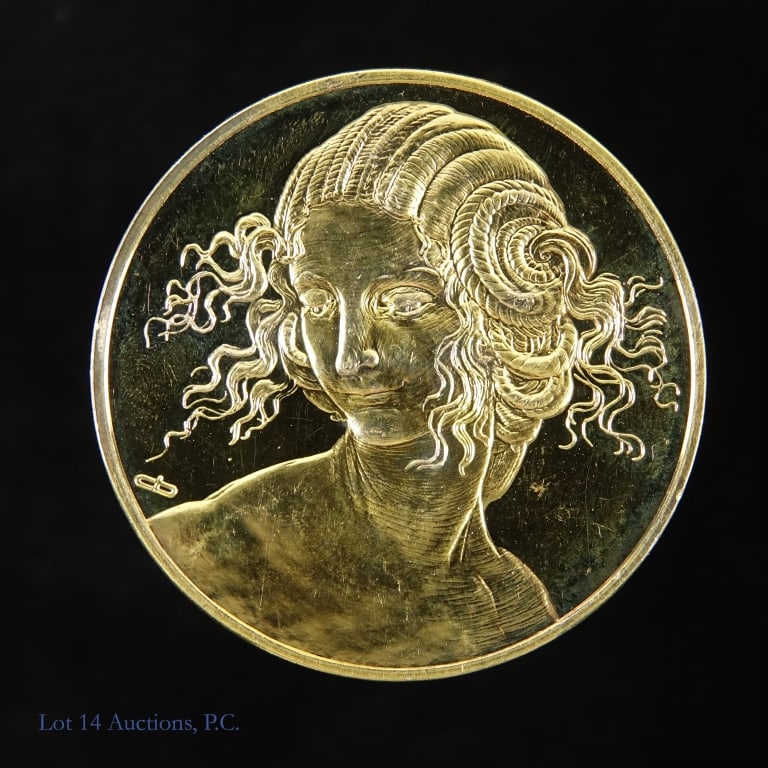 24KT Gold EP-92% Silver DaVinci Medal (ASW 2 Ozt,): 1976 United States 24KT gold plated sterling silver proof "genius of Da Vinci" medals (Franklin Mint) study for head of Leda (circa 1508) with s/n 2731. Edge individually marked and reads "24 KT