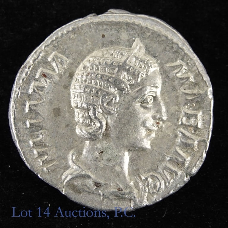 232 CE Roman Empress Mamaea Silver Denarius-XF: (225-235 CE) Roman Empress Mamaea silver denarius (Rome) in Distinctive Coins of Downers Grove, Illinois holder. Obverse bust of Empress Julia Mamaea with diademed (royal crown) and draped bust