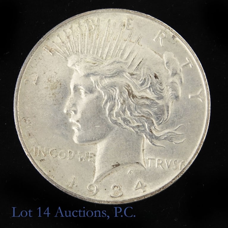 1934-D US Silver Peace Dollar: 1934-D United States silver peace dollar (Denver Mint). Per Greysheet: "...one of the far scarcer dates minted in Denver with its scarcity being quite underrated. ... However, striking is not as
