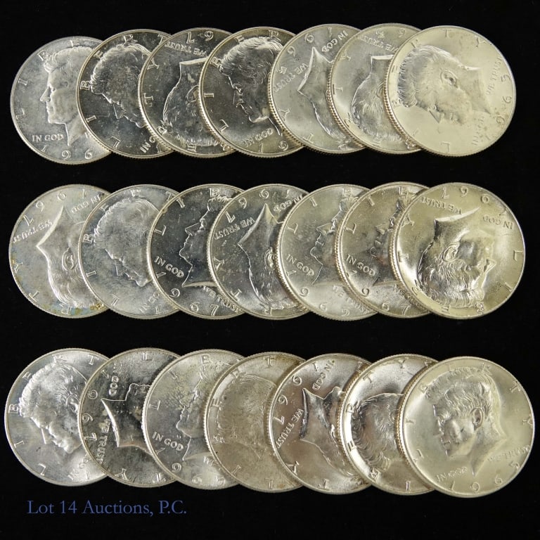 1965 -1970 US 40%-Silver Kennedy Half Dollars, 21: Twenty-one (21) 1965 to 1970 United States 40%-silver Kennedy half dollars. Estimated ASW is 3.1 ozt. *** Lot 14 Auctions is not a professional numismatic grading agency. Consigner descriptions