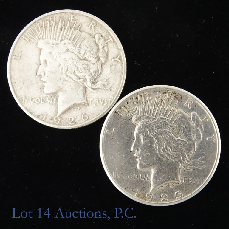 1925p & 1926s US Silver Peace Dollars, 2: Two (2) United States 90%-silver peace dollars (Philadelphia, San Francisco Mints) as follows: ---1925 (P); and ---1926-S. Silver content confirmed on Lot 14 Auctions electronic metal verifier. *** Lo