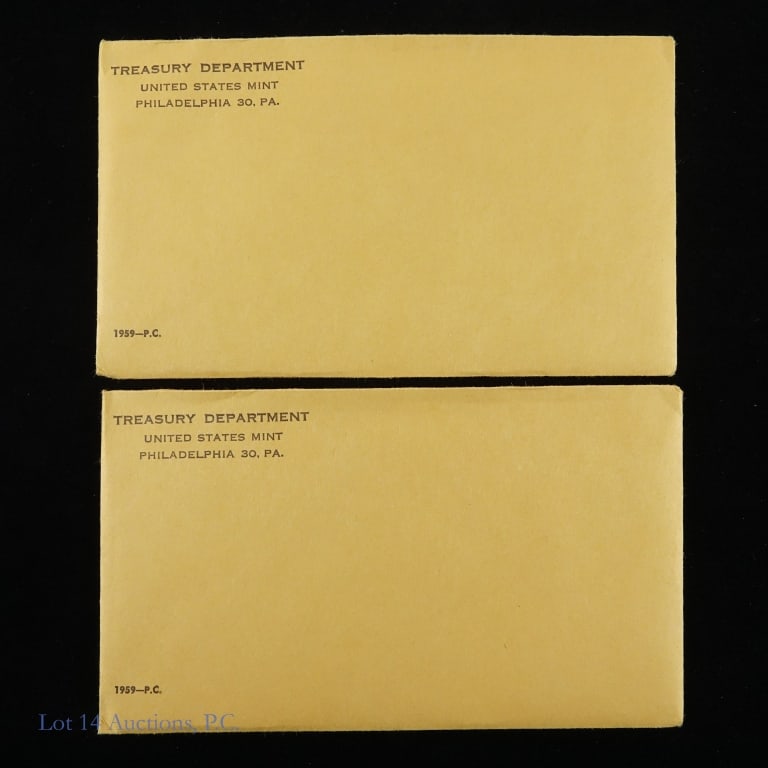 1959 & 1962 US Silver Proof Sets IN SEALED OGP, 2: 1959 and 1962 United States Mint 5-coin 90%-silver proof sets (Philadelphia Mint) IN SEALED OGP with notice. The dime, quarter and half dollar coin's metal is 90% silver (ASW is 1.224 ozt.) ***