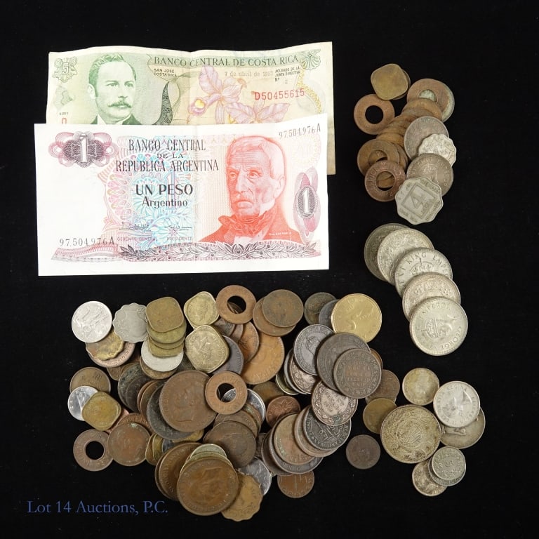 Various Silver & Copper World Coins & Currencies: Various silver, copper and other metals world coins and currencies. Includes various silver coins and five (5) 1940 - 1944 India 50%-silver one rupee coins ASW is 0.1874 ozt each coin. Notes: Costa Ri