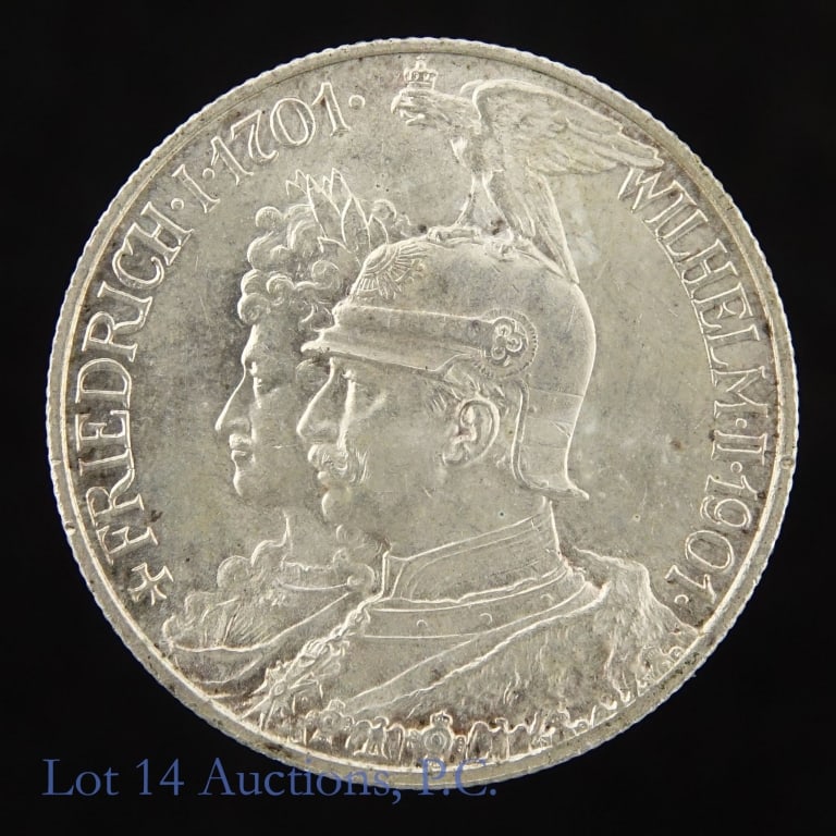 1901 Prussia 90% Silver Wilhelm II (*BU): 1901 Prussia 90%-silver Wilhelm II commemorative 2 mark coin (Berlin Mint). *Per consigner, in BU condition. Commemorates 200th Anniversary of the Kingdom of Prussia. Obverse: Friedrich I,