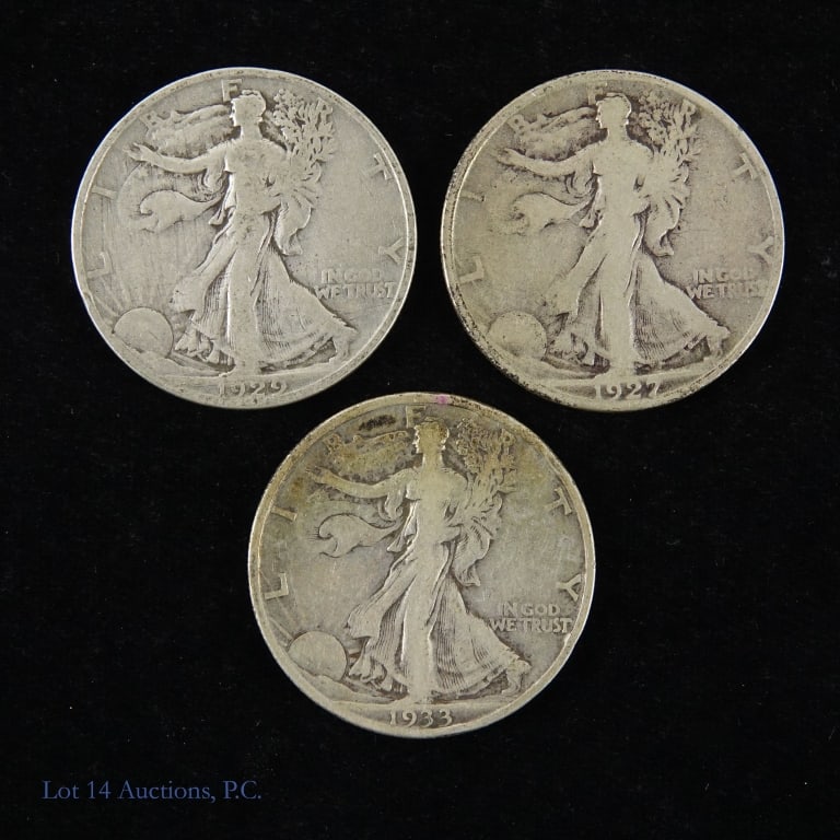 1927s, 1929d & 1933s US Silver W/L 50c (3): Three (3) United States 90%-silver walking liberty half dollars (Denver, San Francisco Mints). Per consigner, all with full rims and not easy to find in any grade. In G to VG condition. *** Lot